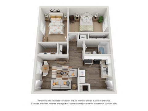 Floor plan for 2 beds, 2 baths, 980 sqft